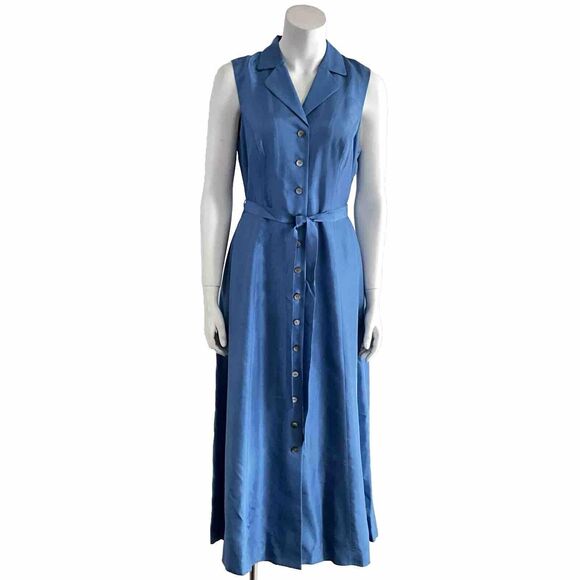 100% Silk Vintage Coldwater Creek Dress Blue Maxi Sleeveless Button Front 10 - Picture 1 of 9